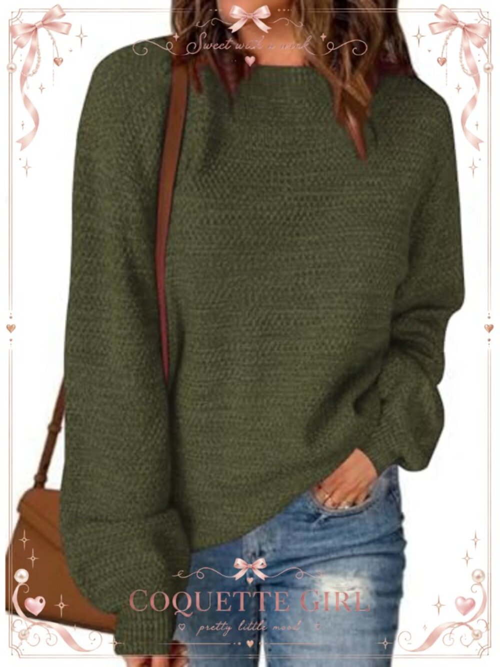 Women's Loose Knit Lantern Sleeve Crew Neck Pullover Sweater